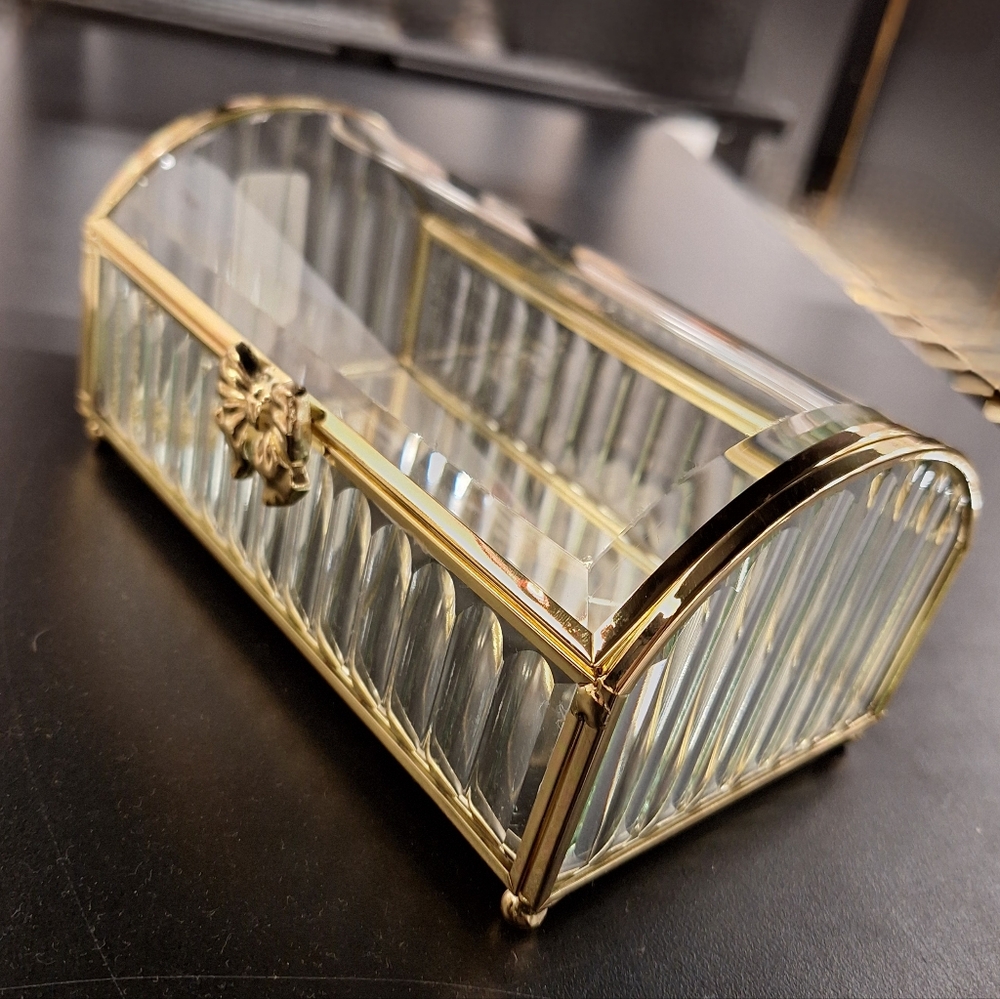 Glass Display Box Gold Metal Jewelry Box Holder Casket Stained Glass Case - Picture 16 of 17
